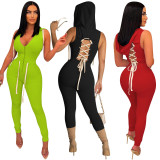 SC Solid Hooded Lace-Up Sleeveless Jumpsuit YD-8635