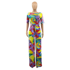 SC Casual Printed Short Sleeve Sashes Jumpsuit KYF-3145