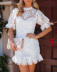 SC White Lace Short Sleeve Mini Dress ME-5072