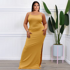 SC Plus Size Solid Split Sleeveless Sling Maxi Dress OSIF-22263