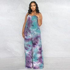 SC Plus Size Tie Dye Print Sling Loose Jumpsuit OSIF-22403