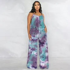 SC Plus Size Tie Dye Print Sling Loose Jumpsuit OSIF-22403
