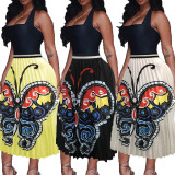 SC Butterfly Print Pleated Long Skirt (Without Top)OMY-81034