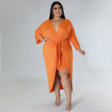 SC Plus Size Solid V Neck Irregular Long Dress NNWF-7584