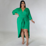 SC Plus Size Solid V Neck Irregular Long Dress NNWF-7584