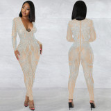 SC Sexy Hot Drilling V Neck Long Sleeve Jumpsuit BY-5885