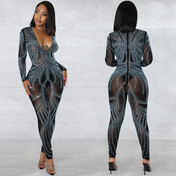 SC Sexy Hot Drilling V Neck Long Sleeve Jumpsuit BY-5885