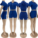 SC Solid Hooded Zipper Two Piece Shorts Sets FNN-8685