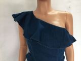 SC Plus Size Denim Ruffled One Shoulder Sashes Jumpsuit LX-3528