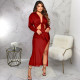 SC Sexy Long Sleeve Top Split Long Skirt 2 Piece Sets YF-10203