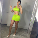 SC Sexy One Shoulder Crop Top Hollow Mini Skirt 2 Piece Sets YIBF-60175