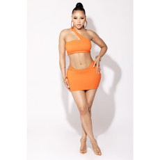 SC Sexy One Shoulder Crop Top Hollow Mini Skirt 2 Piece Sets YIBF-60175
