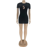 SC Number Print Short Sleeve Slim Mini Dress FNN-011
