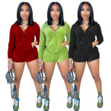 SC Solid Hooded Zipper Two Piece Shorts Sets NLAF-60120
