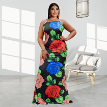 SC Plus Size Flower Print Cross Strap Maxi Dress OSIF-22259