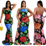 SC Plus Size Flower Print Cross Strap Maxi Dress OSIF-22259