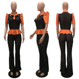SC Contrast Color Puff Sleeve Flared Pants 2 Piece Sets MAE-2150