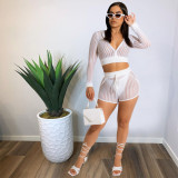 SC Sexy Mesh Striped Hooded Long Sleeve 2 Piece Shorts Sets YIS-E542