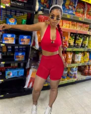 SC Solid Halter Top And Shorts Two Piece Shorts Sets NM-8522