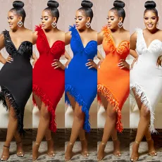 SC Sexy Feather One Shoulder Irregular Club Dress BY-5907
