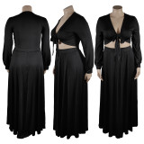 SC Plus Size Solid Long Sleeve Big Swing Maxi Skirt 2 Piece Sets TE-4461