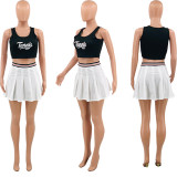 SC Letter Print Tank Top+Pleated Mini Skirt 2 Piece Sets OY-6373