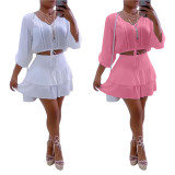 SC Solid V Neck Top Pleated Mini Skirt 2 Piece Sets OMY-81036