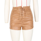 SC PU Leather High Waist Ruched Lace-Up Shorts ZSD-0493