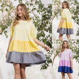 SC Plus Size Contrast Color Patchwork Short Sleeve Dress WAF-77484