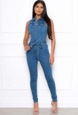 SC Plus Size Denim Sleeveless Sashes Jeans Jumpsuit LX-3530
