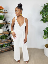 SC Solid V Neck Sleeveless Strap Sashes Jumpsuit WY-6898