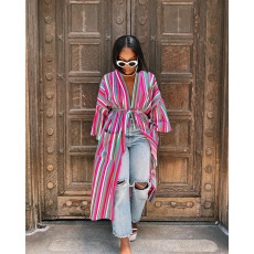 SC Casual Striped Long Sleeve Sashes Long Coat ASL-6593