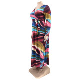 SC Plus Size Printed V Neck Long Sleeve Sashes Maxi Dress OSIF-22426