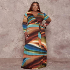 SC Plus Size Printed V Neck Long Sleeve Sashes Maxi Dress OSIF-22426