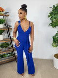 SC Solid V Neck Sleeveless Strap Sashes Jumpsuit WY-6898