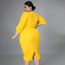 SC Plus Size Solid 3/4 Sleeve Sashes Midi Dress ONY-7029