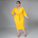 SC Plus Size Solid 3/4 Sleeve Sashes Midi Dress ONY-7029