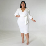 SC Plus Size Solid 3/4 Sleeve Sashes Midi Dress ONY-7029