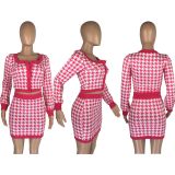 SC Houndstooth Print Long Sleeve Mini Skirt 2 Piece Sets LM-8335