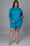 SC Plus Size Solid Long Sleeve Backless 2 Piece Shorts Sets OSM2-5309