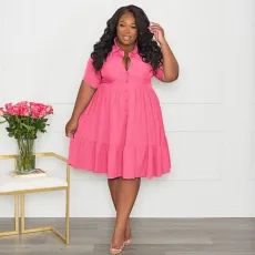 SC Plus Size Solid Lapel Short Sleeve Shirt Dress SSNF-211209