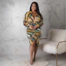 SC Plus Size Sexy Printed V Neck Split Long Sleeve Midi Dress ASL-7085