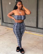 SC Plaid Tube Top And Pants Two Piece Sets QCYF-7097
