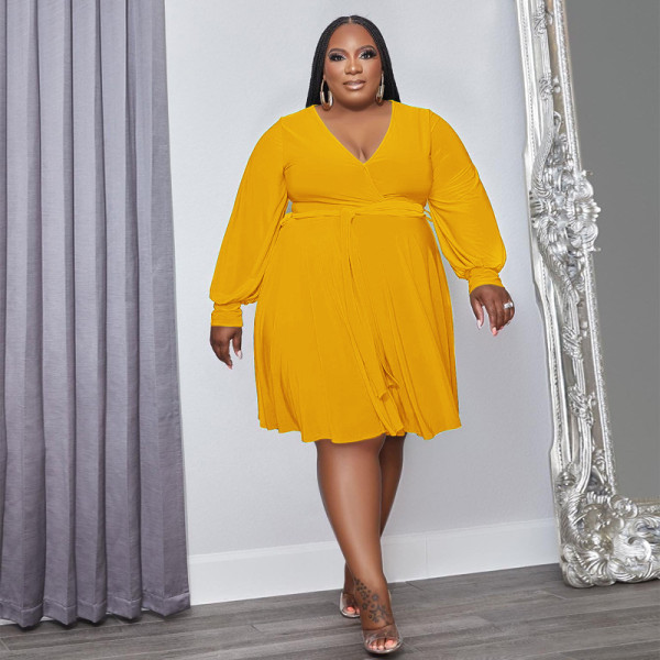 SC Plus Size Solid V Neck Long Sleeve Sashes High Waist Dress OSIF-22488