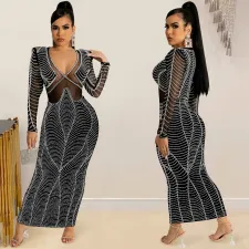 SC Sexy Rhinestones Long Sleeve V Neck Night Club Maxi Dress BY-5912