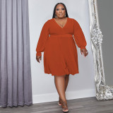 SC Plus Size Solid V Neck Long Sleeve Sashes High Waist Dress OSIF-22488