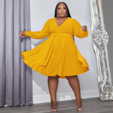 SC Plus Size Solid V Neck Long Sleeve Sashes High Waist Dress OSIF-22488