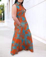 Plus Size Printed Sleeveless Turndown Collar Maxi Dress ONY-6014
