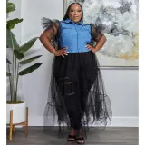 SC Plus Size Denim Mesh Patchwork Long Dress NNWF-7550