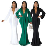 SC Solid V Neck Long Sleeve High Waist Maxi Evening Dress YF-10212